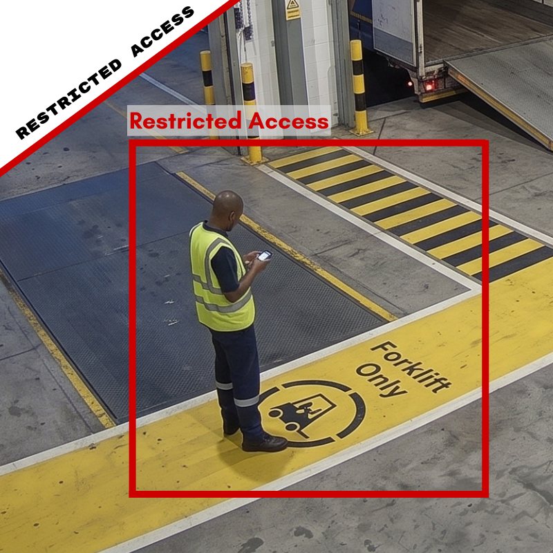 A person standing in a forklift-only restricted zone