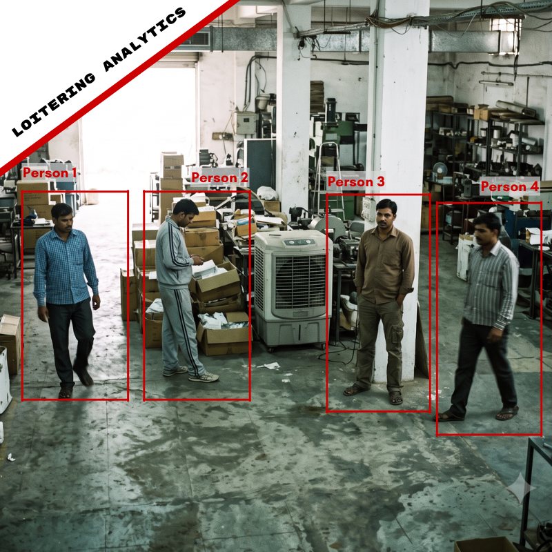 Multiple people loitering tracked on a factory floor
