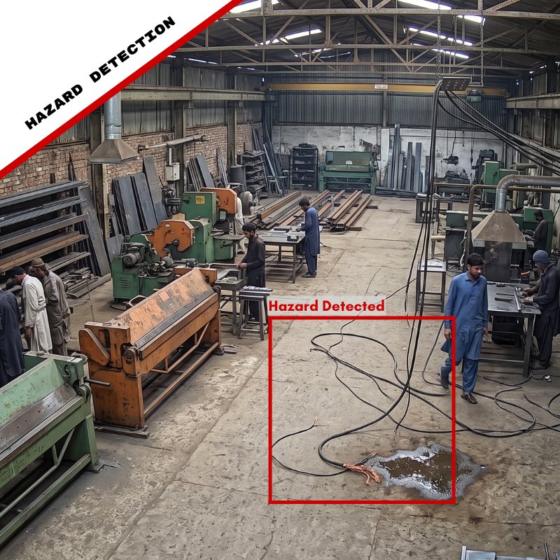 A floor hazard from trailing cables and water detected in a workshop